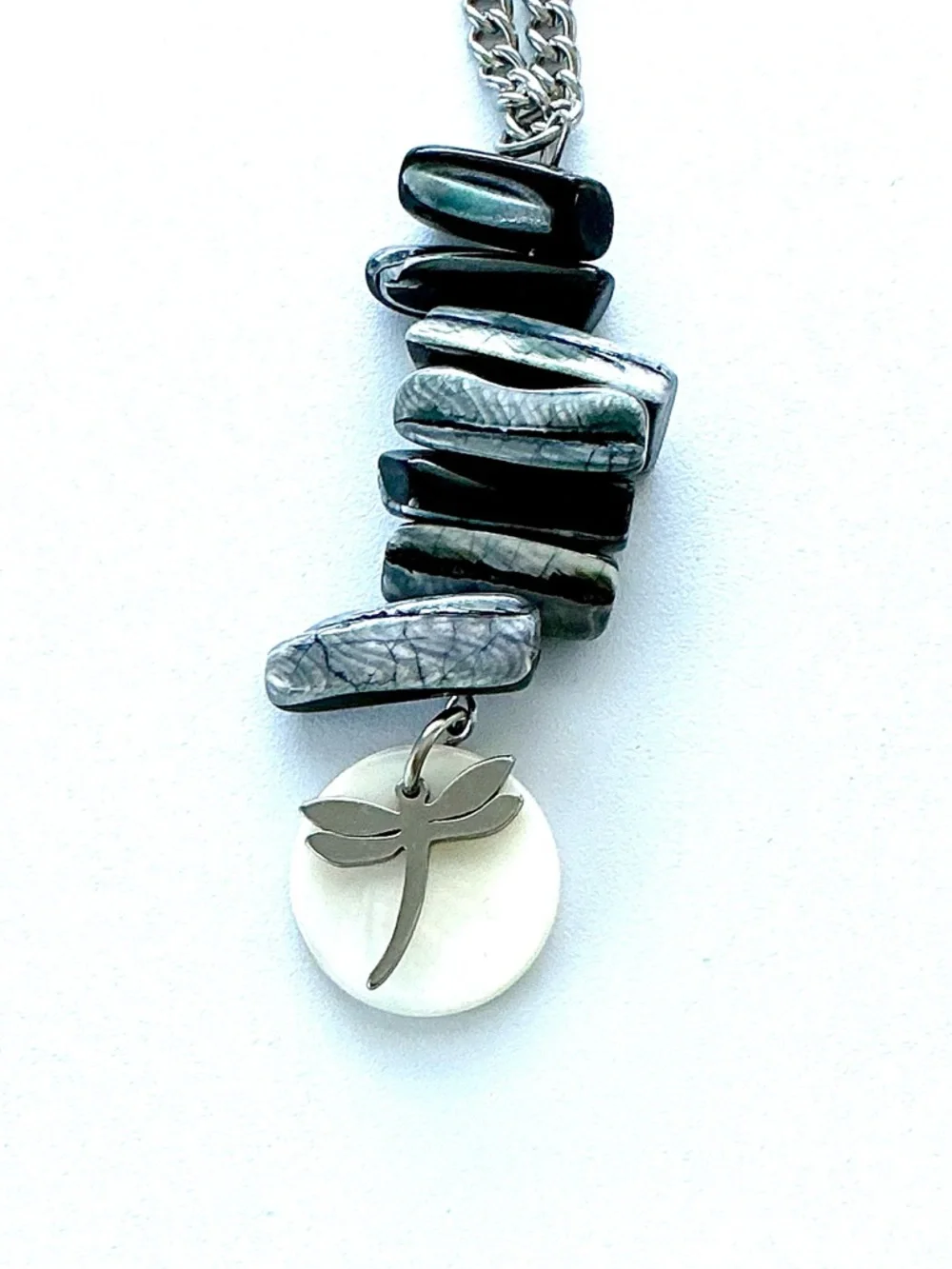🆕 Dragonfly on Shell with Gemstones Pendant Necklace-Stainless Steel-LARGE